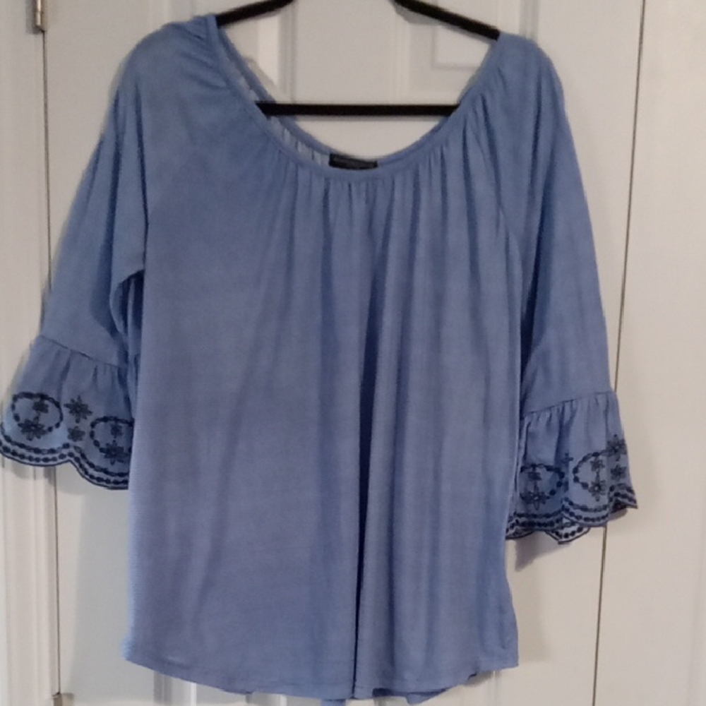 Signature Studio Light Blue Blouse with Navy Embroidery